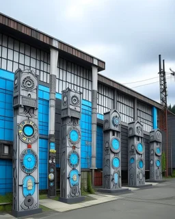 A gray factory with iron clocks designed in pacific Northwest totem poles painted by Cai Jia