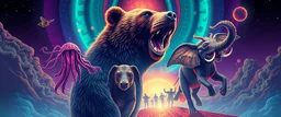 promenade portrait of a bear ant eater squid elephant horse dragon floating in 4 dimensions, goa trance movie poster, stylized art