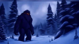 large humanoid hairy monster in the snowy forest