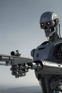 a scary robot with a gun searching for humans looking right and far away