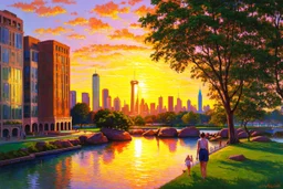 sunset, buildings, lake, rocks, city, park, trees, cyberpunk, sci-fi, paul gauguin, and claude monet impressionism paintings