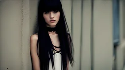 High resolution closeup in sharp focus of a beautiful and slender caucasian 18 year old teen girl with long black hair. She is wearing a black choker with her arms raided above her head. She is standing next to a wall gazing at the viewer.