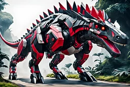 big dinosaur robot with black and red color schemes, in the style of fairy academia, hard-edge style, agfa vista, dynamic pose, oshare kei, hurufiyya, rtx, close picture, intricate details, highly detailed, high details, detailed portrait, masterpiece,ultra detailed, ultra quality