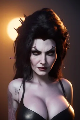 Amy Dumas as evil queen in black leather, leather, busty, cleavage, angry, rage, stern look. character design by cory loftis, fenghua zhong, ryohei hase, ismail inceoglu and ruan jia. unreal engine 5, artistic lighting, highly detailed, photorealistic, fantasy