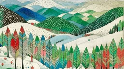 A white snowfields with hills designed in German folk art painted by Paul Klee