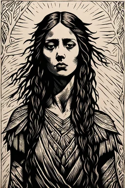 create a deeply powerful tragic, heart wrenching, and evocative, full body woodcut of a raw and weathered raven maiden girl with highly detailed and deeply cut facial features, in the style of KATHE KOLLWITZ , searing lines and forceful strokes