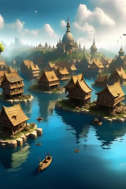 Huge fantasy village floating on water