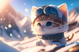 cute chibi anime frightened cat, crashed airplane in the snowy mountains in sunshine, ethereal, cinematic postprocessing, bokeh, dof