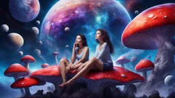 beautiful women sitting withoutt bro, on blue, red, purple mushroom in space, planets at the back ground, space ships, hyper realistic.