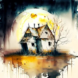 An old barn, the half moon shine bright,wamp with horror and beauty intricate, beautiful ,fog, mikalojus konstantinas, čiurlionis chinese watercolor ,Double Exposure ,Effect surreal, poetic style ,Sepia effect, Pen and ink sketch,