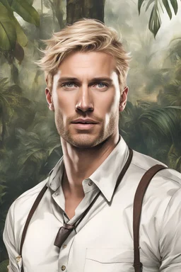 Handsome blond man in his 30s, rich male face, businessman, fulfilling challenges of courage in a dangerous jungle, suffering and bleeding wearing dirty and tattered clothes