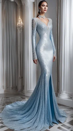 1mannequin, pageant dress, dress inspired by milk fish, milk fish, bangus, beautiful, mermaid gown, long sleeve, silvery-blue with shimmering white, elegant, sequins, luxurious, full body frame, silver beads, fantasy, made of crystal, magical, fish scale design, shimmering, glittery, full body, hd, ultra realistic, dress displayed in the mannequin, white background, aesthetic, pastel color, flowing, sexy, corset style