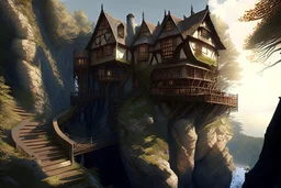 small wooden medieval gothic twisted house built into a cliff, trees, balconies, walkways, bridge, sunshine, lake