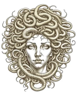 Medusa's petrifying gaze., realistis tatto sketch style, white background, profesional tatto sketch