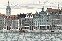 Imagine a modern poster inspered drawing of representative buildings of the danish cities copenhagen roskile and hillerød