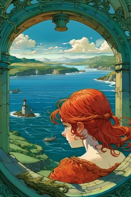 The head of a red-haired fairy looking out of a window overlooking a large bay. Far below in the bay you can see an island surrounded by water with a church on top of a hill.