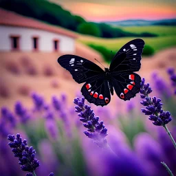 Ultrarealistisches Foto eines wunderschönen schwarzen Schmetterlings mit silbernen Details aus Diamanten (grün und rot), der vor dem Hintergrund eines alten französischen Bauernhauses über ein Lavendelfeld in der Provence fliegt