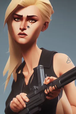 blonde woman with gun, photo realistic, highly detailed, high contrast, extremely sharp detail