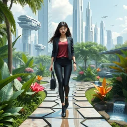 Highly detailed and intricate 3D fractal recursive art, featuring a single young woman/girl wearing fashionable modern clothing, walking directly towards the camera through a lush, futuristic villa garden. The garden is part of a larger technologically-advanced city, with towering skyscrapers and floating vehicles visible in the background. The garden itself is a verdant oasis, with exotic flora, flowing water features, and a seamless integration of natural and artificial elements. Holographic