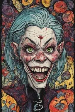 a cartoon illustration of a schizophrenic goth vampire girl , in the cartoon style of Lynda Barry , Ernie Pook's Comeek, vibrant natural colors, , museum quality masterpiece