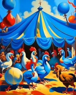A blue circus with fast chickens painted by Thomas Hart Benton
