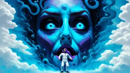 his is a digitally created collage artwork featuring surreal and abstract elements. The central figure is a large, detailed face with exaggerated features, including wide, glowing blue eyes and a small, dark mouth. The face is surrounded by swirling, cloud-like shapes in varying shades of blue, which dominate the upper part of the image. Below the face, a small figure of a person, dressed in a white jumpsuit with a purple cape, is depicted in the center. The figure is holding up a pair of blue l