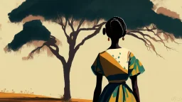 Design, African woman, oil painting, featureless, graphic, drawing without facial features, background, sky, trees, traditional clothes, cartoon, looking left