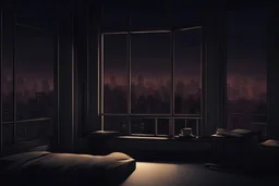 Janela de apartamento com visão para a cidade, noite, realista, desenho cinematográfico, cores frias e escuras