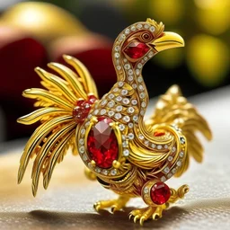 a stunning phoenix adorned with rubies and diamonds in yellow gold