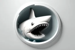 white,background,looking,through,a 3-d, hole,or,window,,a,seeing,shark