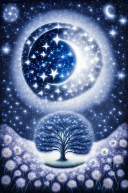 a background of softly blended blues, greys, silvers, and whites with distant, twinkling stars in the sky, an a circle moon casting a soft glow of light on a foreground of a field of various flowers surrounding a tree of life