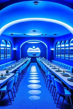 A restaurant with blue walls and a white floor. It contains one table in the middle of the restaurant in an oval shape containing 30 chairs