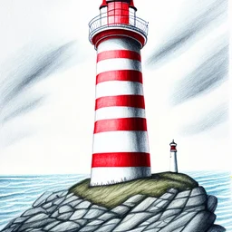 A colored pencil drawing of the red and white striped lighthouse Sletringen Lighthouse in Norway