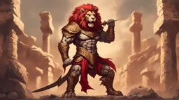 A muscular anthropomorphic lion with red eyes, wielding a bow, wearing armor, standing in a battle-ready pose with ancient ruins in the background