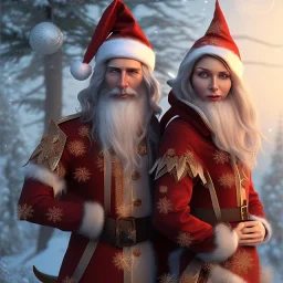 two elves. woman and man. Christmas scene. photorealistic. low-key