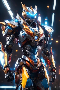 super robot with elements of Mazinnger Z, cool, gorgeous looks, anime, colorful outfit, highly detailed, sci-fi, futuristic, soft lighting, cinematic lightning, symmetrical, intricate, octane, bright color, 8k high definition, unreal engine 5, good pose, photo, sharp focus, ultra realistic, perfect anatomy, armor with glitter diamonds, jeweled skin, crystals, sapphires, ornate, white, translucent, silver