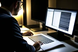 Someone sitting in front of a computer checking information and sources.