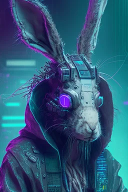 portrait of a cyber punk rabbit hacker humanoid