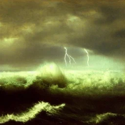 George Inness, painting, ocean, waves, lightning bolts, photo realistic, 8k, storm, blizzard