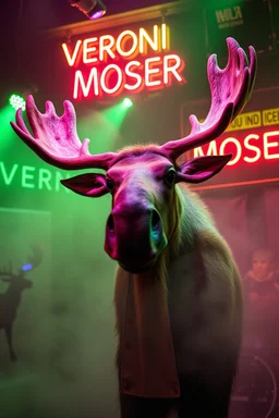 An big female moose with big eyes "Veronika Moser" performing at dance club, her name is "Moser" HAIRY FRUITS EVERYWERE On stage, Green Neon lights and smog, and "VERONIKA MOSER" big sign on the wall, "DU UND ICH UND MOSER" red plate sign, Swedish Yellow warning sign with moose
