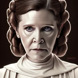 [[Carrie Fisher as Princess Leia]] :: [[sharp brown eyes, short hair, head and shoulders portrait, 8k resolution concept art portrait by Greg Rutkowski, Artgerm, WLOP, Alphonse Mucha, dynamic lighting, hyperdetailed, intricately detailed, trending on Artstation, triadic colors, Unreal Engine 5, volumetric lighting]]