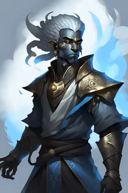 Male Air genasi fra d&d with black skin smoke some hair an Asian skin