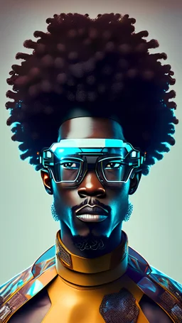 draw a hyper realistic Afrofuturistic man with augmented reality glasses on half body photo