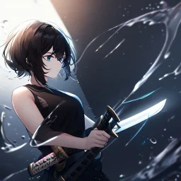 Clear focus,High resolution, black short fluffy hair, long fluffy bangs, and dark blue eyes, Depressed girl, wearing a black short shirt with a black sleeveless crop top, dark aura, controlling water, in a black room, holding a katana