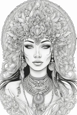 outline art for intricate head dresses coloring pages , black and white, white background, sketch style, full body, only use outline, Mandala style, clean line art, white background, no shading and clear and well