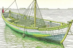 Drawing of a fishersboat, high detail, realistic, pencil drawing, colorfull, small boat, row boat, fishing, fisherman, fishing net.