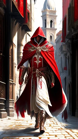 Assassin creed con dagas y espadas detalles en los pantalones en el pecho y en las botas caminando por Venezia capa pintura al óleo estilo renacentista hiperdetallado detalles intrincados obra de art vista frontal capa blanca y rojo 8k vista frontal