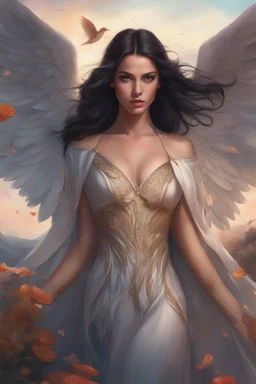 Young Nordic woman angel, lovely face, Dark brown eyes, elegant dress, black hair, wings, outdoors, concept art by Rafael Santi, Artgerm, dynamic lighting hyperdetailed intricately detailed Splash art triadic colors