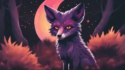 evil looking humanoid fox like creature turning to face you, dark forest background, glowing eyes. staring, , starry night sky, dark rainbow gradient sky