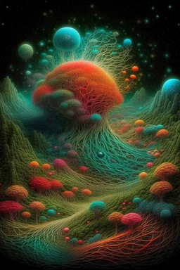 Fabulous composition, cosmic, hyperrealistic, microdetalization, surreal, drawing details, clear outline, color illustration, aesthetically pleasing, stardust, mystical landscape, curved trees, calendula, dark fantasy, monsters, multicolor, detailed, 3d, threads, fibers, bolto, mountains, fantastic pine neurons,ambient clarity,voluminous